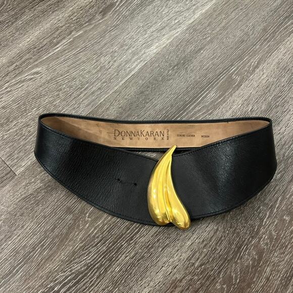 Vintage Donna Karan New York Black Leather Waist Belt Med Gold Sculptural Buckle - Picture 5 of 15